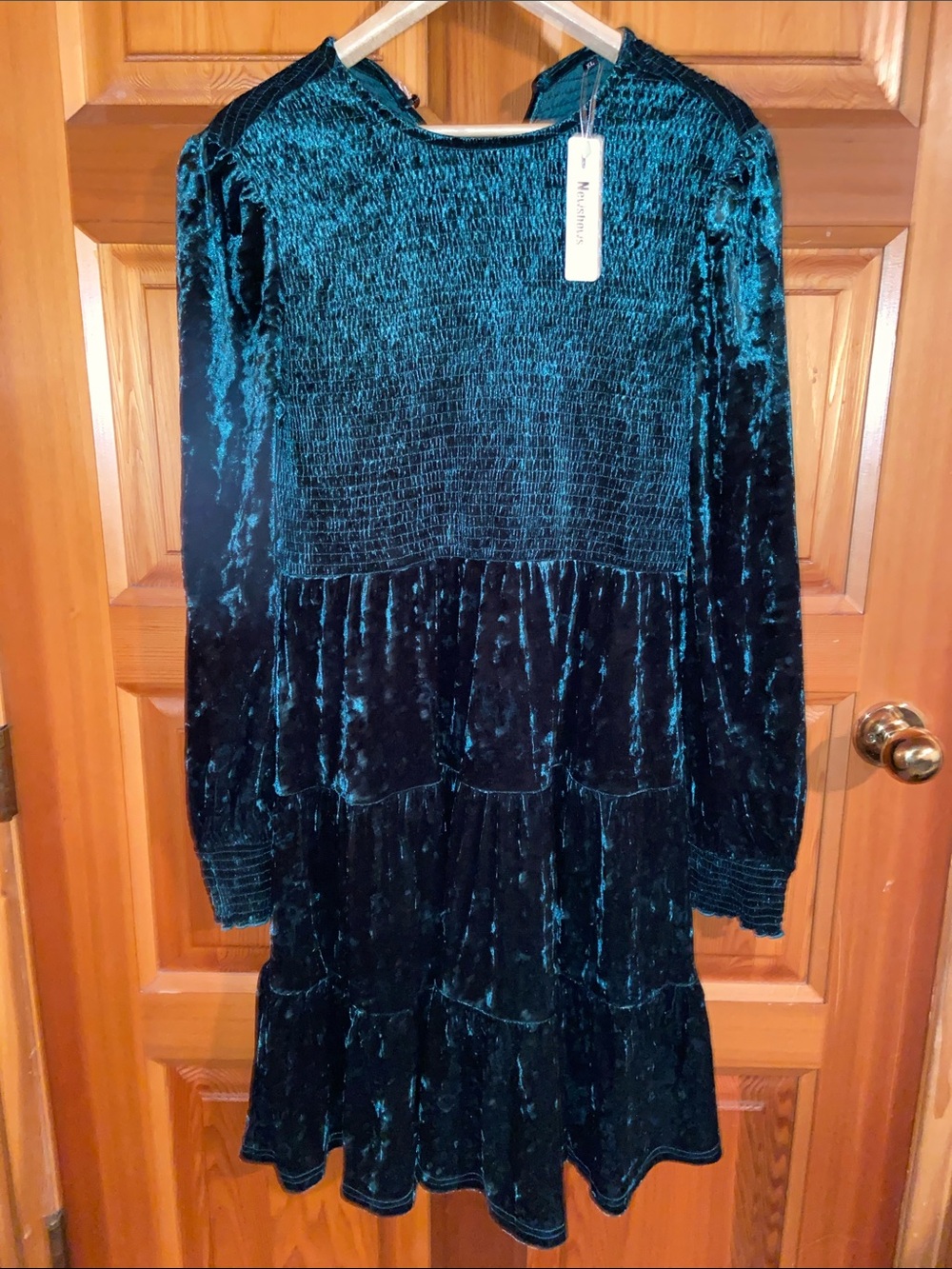 Crushed Velvet Tiered Dress in Deep Teal